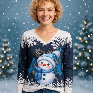 Cute Snowman Winter Long Sleeve Top – Size 4XL – Navy & White – Holiday Shirt